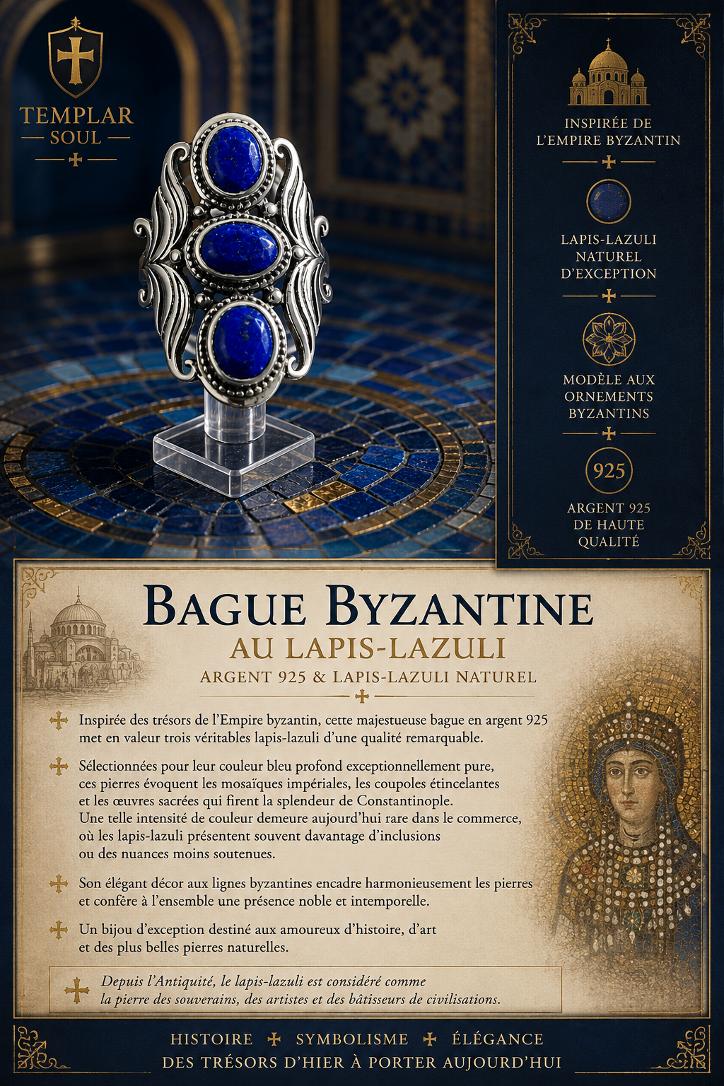 Bague byzantine en argent 925 sertie de 3 très beau lapis lazuli purs - NEW