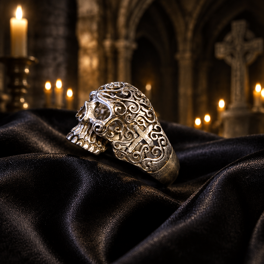 Bague Memento Mori – Crâne Gothique Ajouré en Argent 925