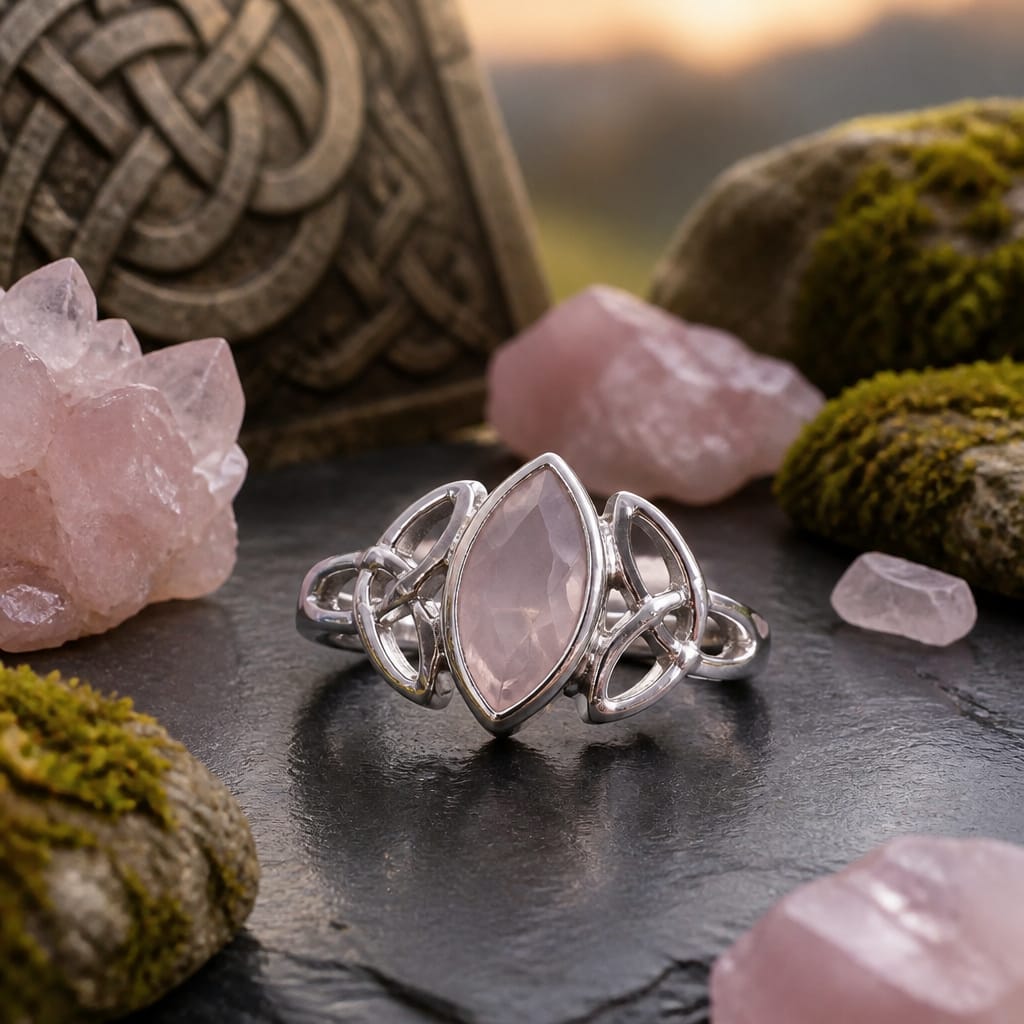 Bague celtique en argent 925 avec Triquetras et quartz rose