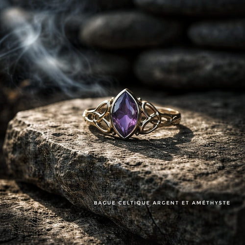 Bague celtique en argent 925 avec Triquetras et améthyste - NEW