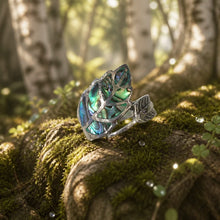 Superbe bague elfique  "Feuille" en argent et nacre d'abalone - NEW