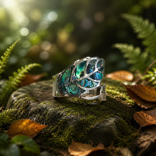 Superbe bague elfique  "Feuille" en argent et nacre d'abalone - NEW