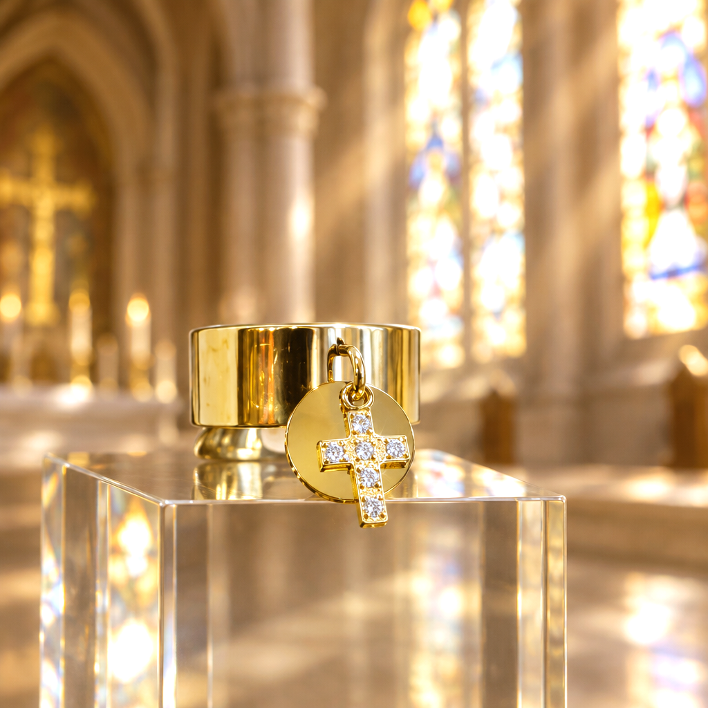 Bague Croix de Lumière – Acier Inoxydable Doré et Cristaux blancs