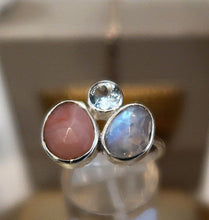 Jolie bague en argent avec opale rose, pierre de lune et aquamarine - NEW