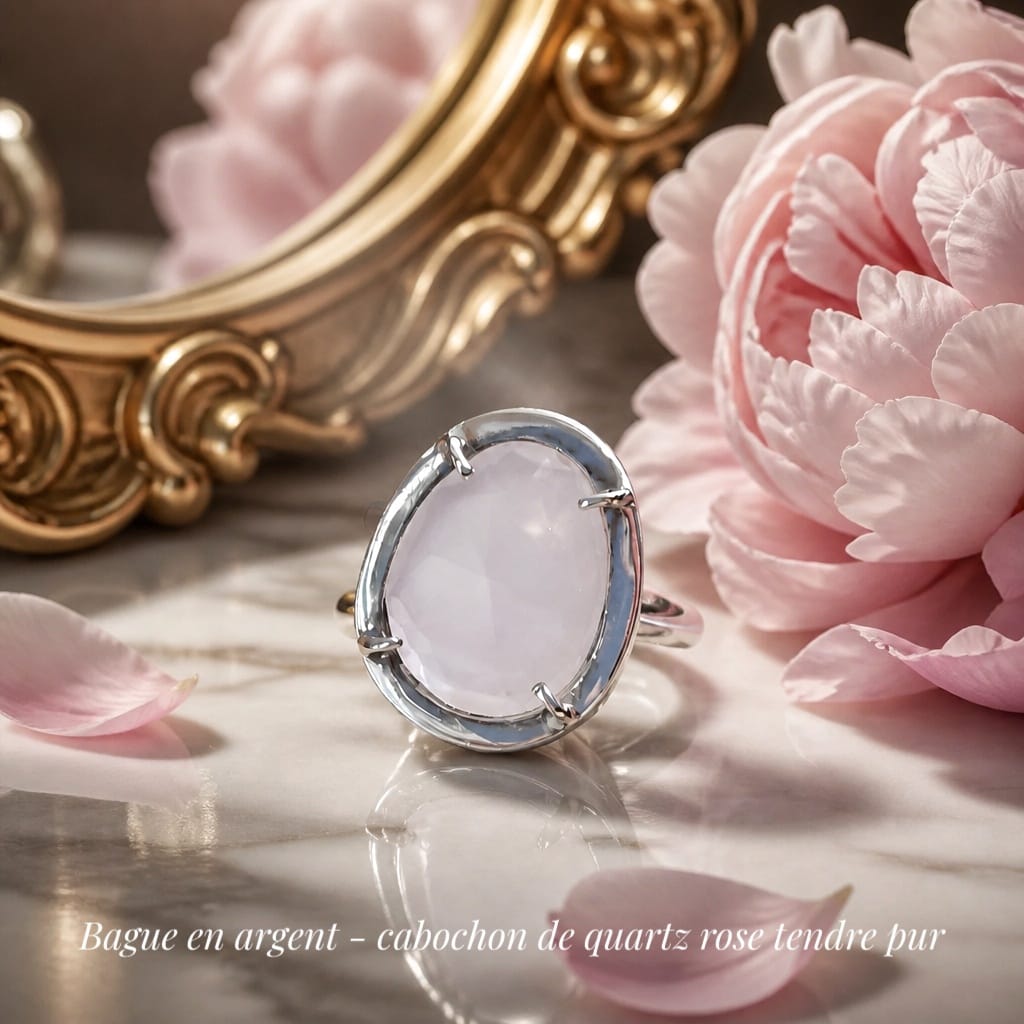 Bague élégante et féminine en argent avec quartz rose tendre