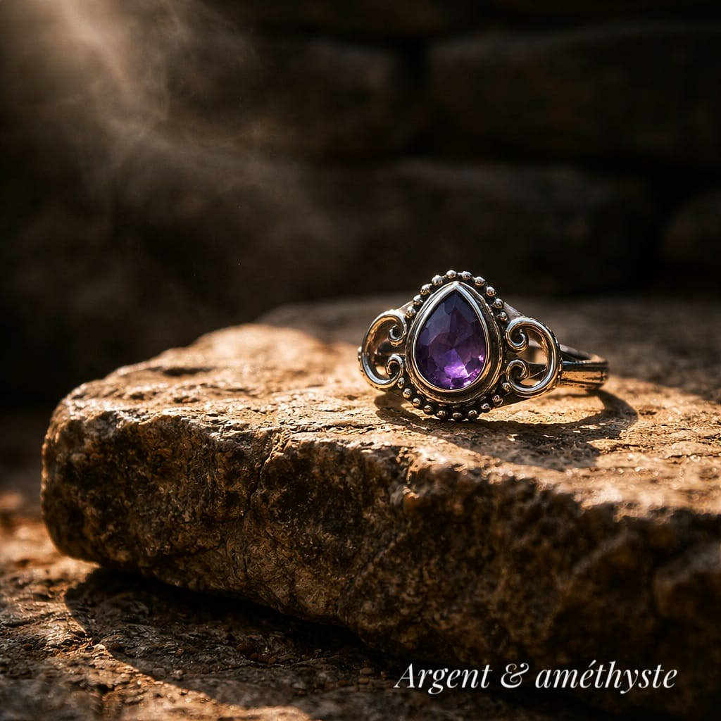 Très belle bague médiévale en argent avec  améthyste goutte - Taille 49