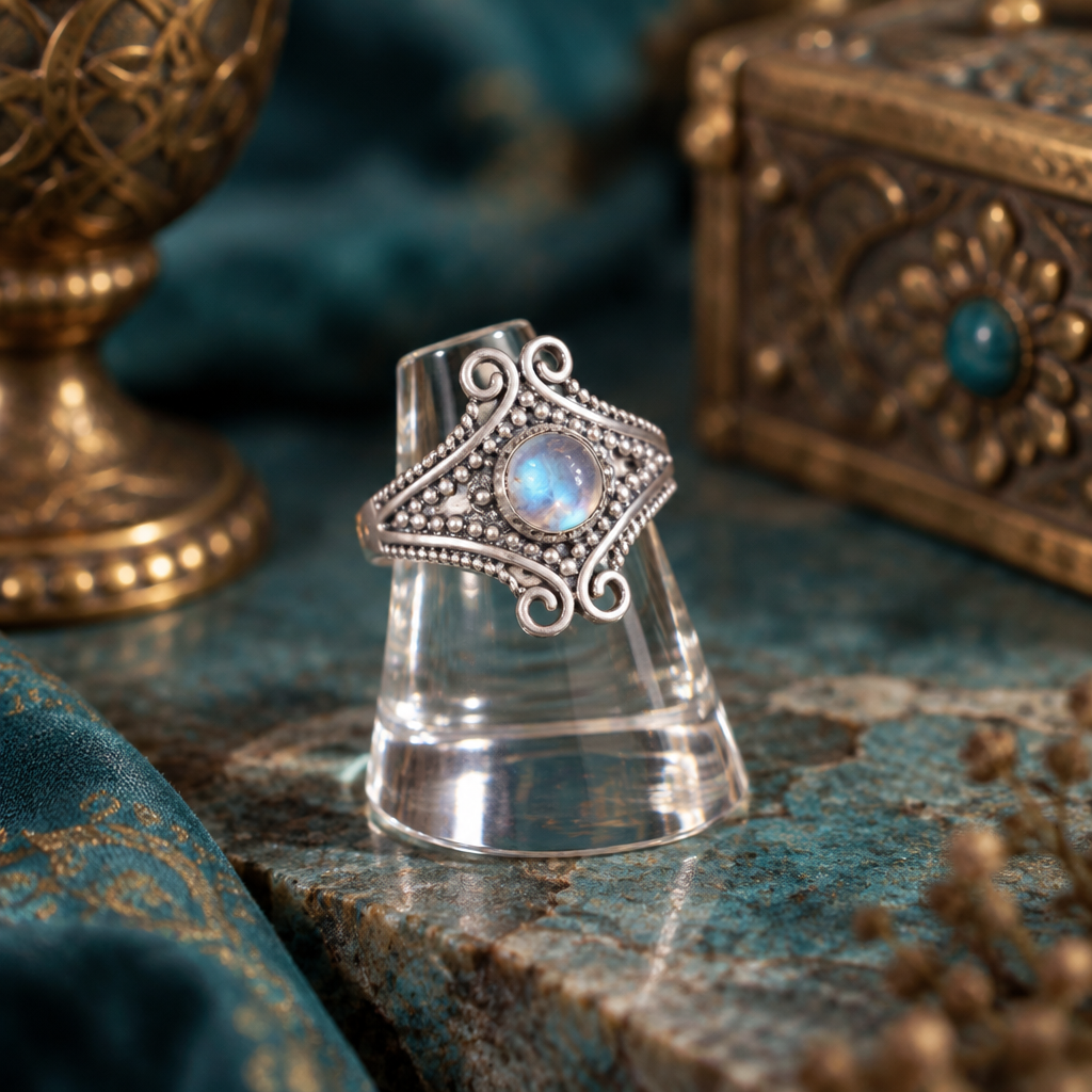 Bague Médiévale en Argent 925 et Pierre de Lune – Les Reflets du Mystère
