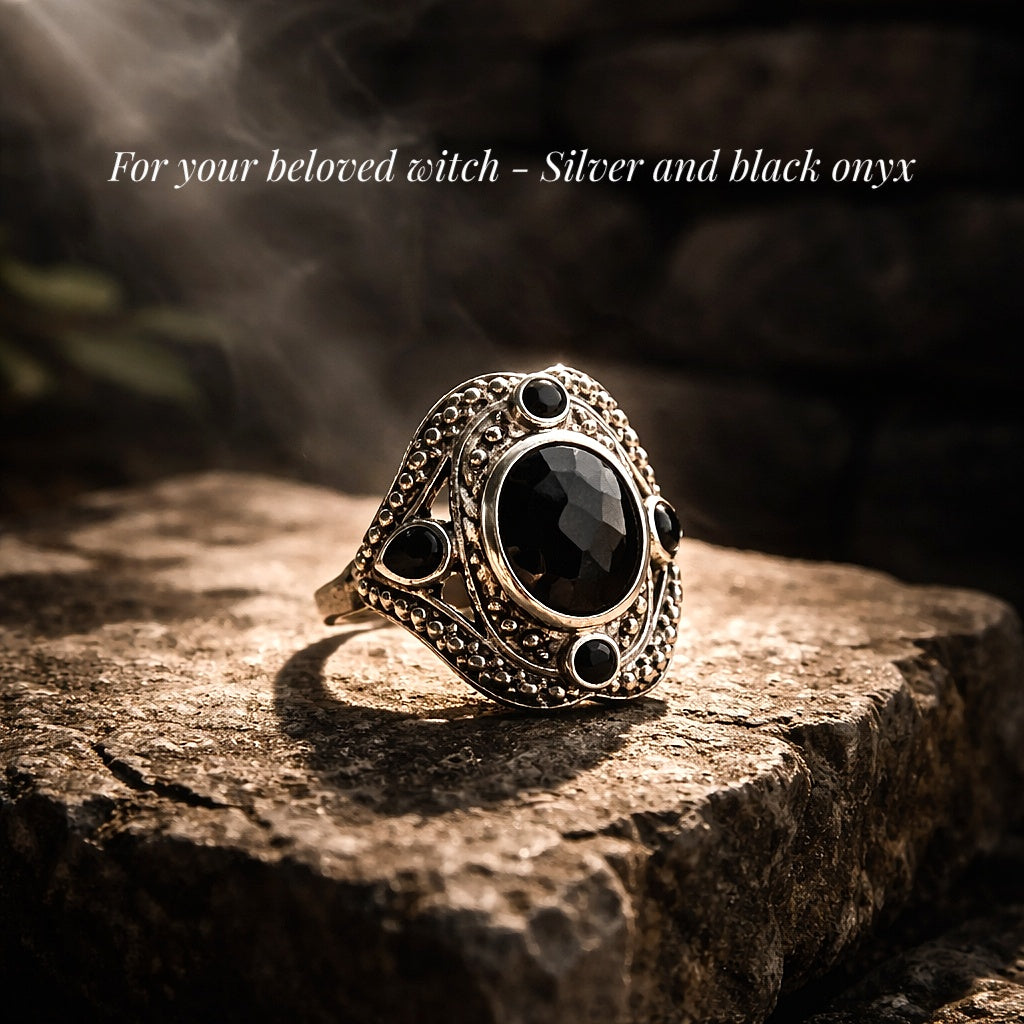 VENDUE - Mystérieuse bague en argent & onyx noirs taillés - Pièce unique - NEW