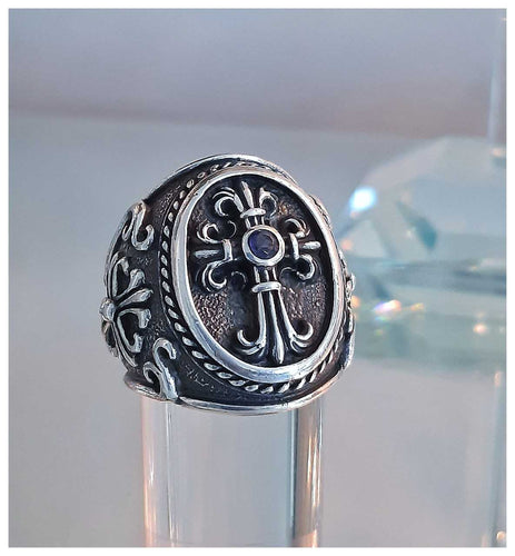 Splendide pièce unique - Chevalière Croix fleur de lys & iolite centrale - NEW