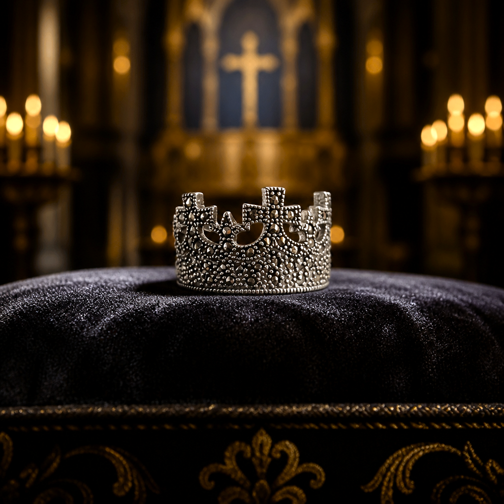 Bague Christ Roi en argent 925 et marcassites - Pièce unique