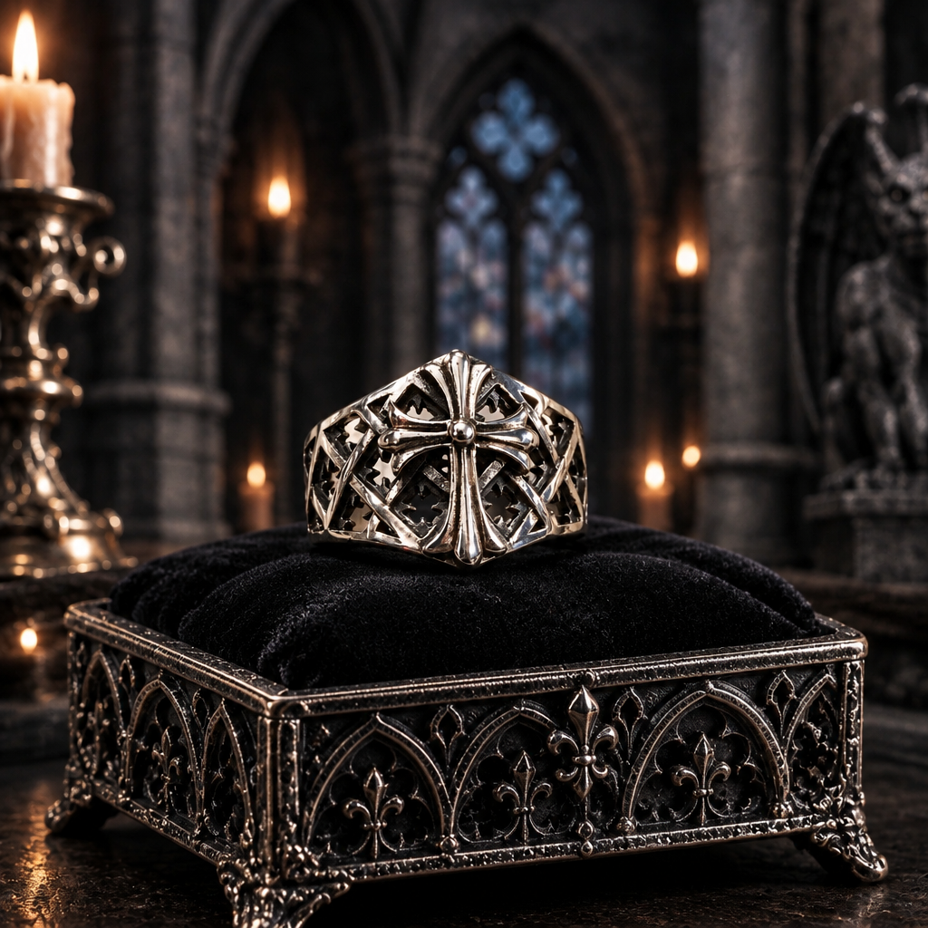 Chevalière Croix Fleurdelisée en Argent 925 – Inspiration Gothique