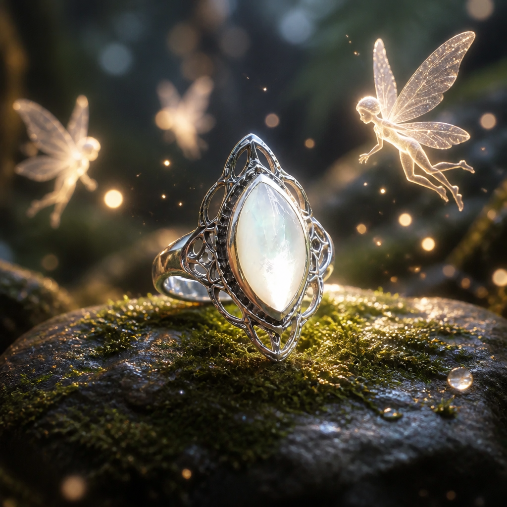 Bague elfique en argent 925 & nacre naturelle - Lumière des Fées
