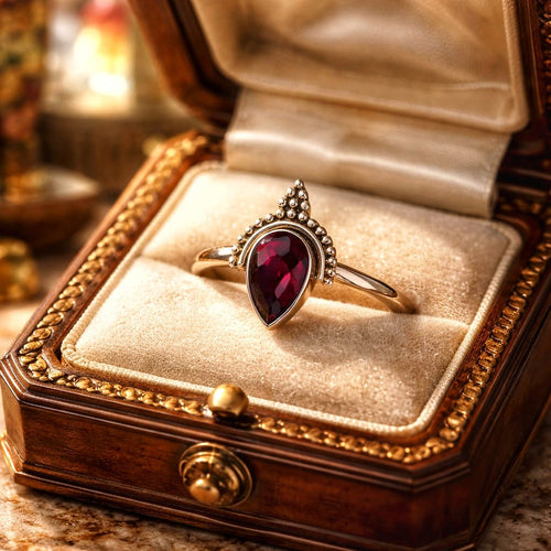 Bague médiévale en argent et grenat intense 'Lanterne de Noé