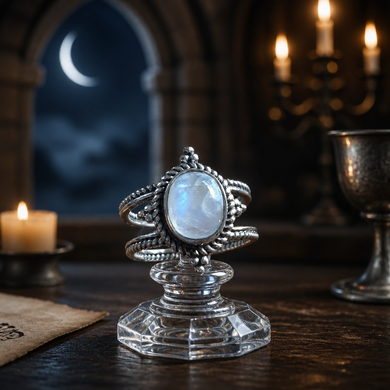 Bague médiévale en argent double avec très belle pierre de lune - NEW