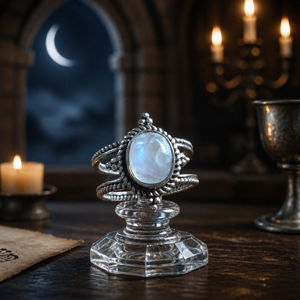 Bague médiévale en argent double avec très belle pierre de lune - NEW