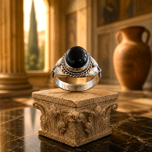 Bague Corinthienne en argent & onyx noir poli - Pièce d'exception!