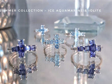 Bague "Croix" fine et féminine en argent & aquamarine /iolite - NEW