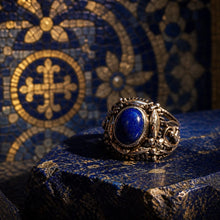 Superbe bague byzantine en argent, or rosé et lapis lazuli