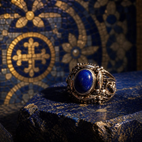 Superbe bague byzantine en argent, or rosé et lapis lazuli