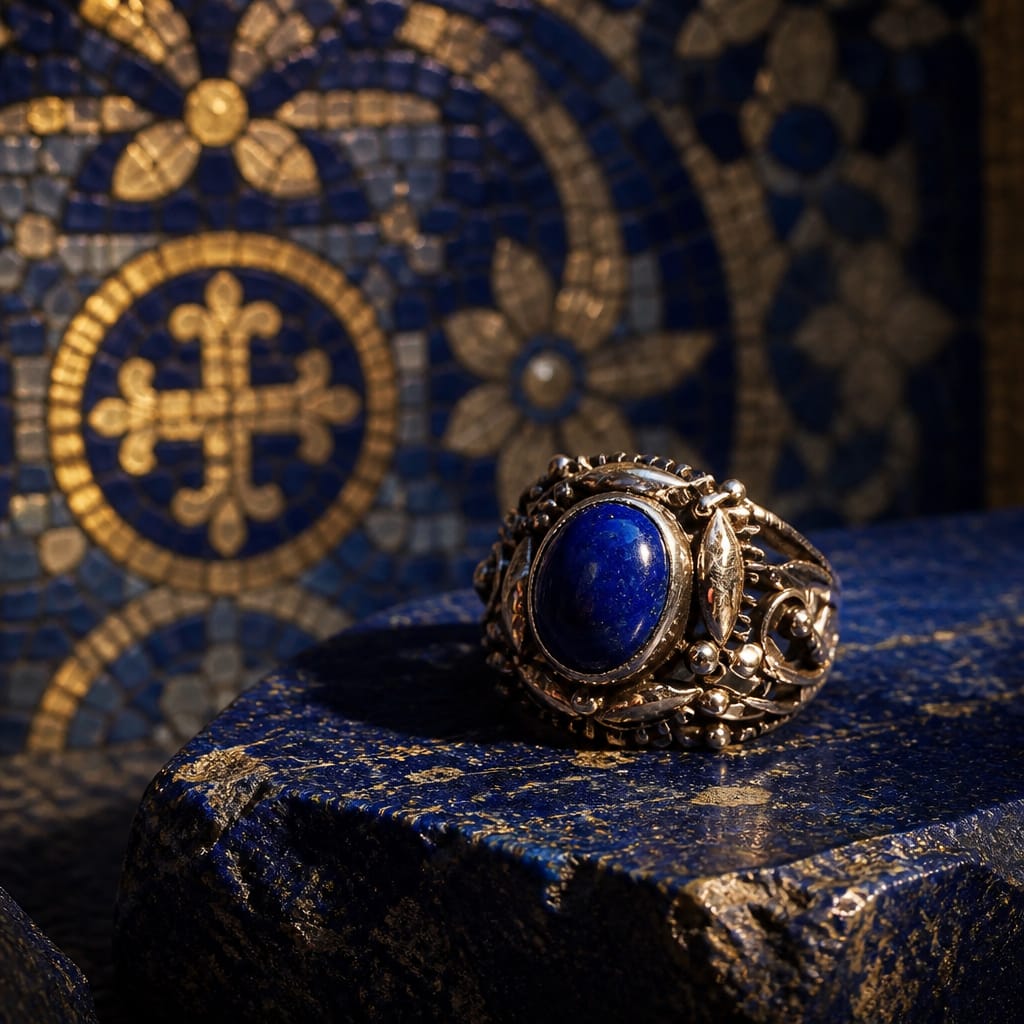 Superbe bague byzantine en argent, or rosé et lapis lazuli