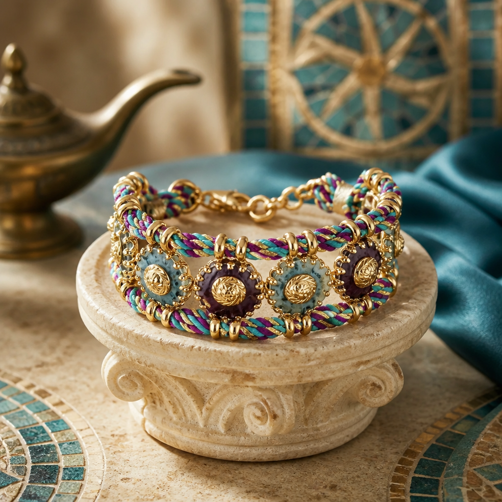 Luxueux bracelet Florentin en inox doré, émail & cordage - NEW