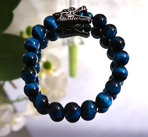 Bracelet Viking en oeil de tigre bleu vif & tête de dragon - NEW