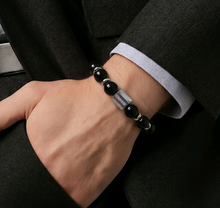 Bracelet masculin en onyx noirs 100% naturels & acier inoxydable gravé - NEW