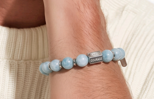 Bracelet masculin en aquamarines 100% naturelles & acier inoxydable gravé - NEW