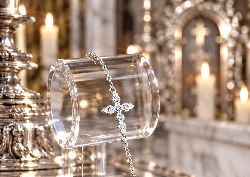 Bracelet Croix – Acier inoxydable argenté et Cristaux Blancs