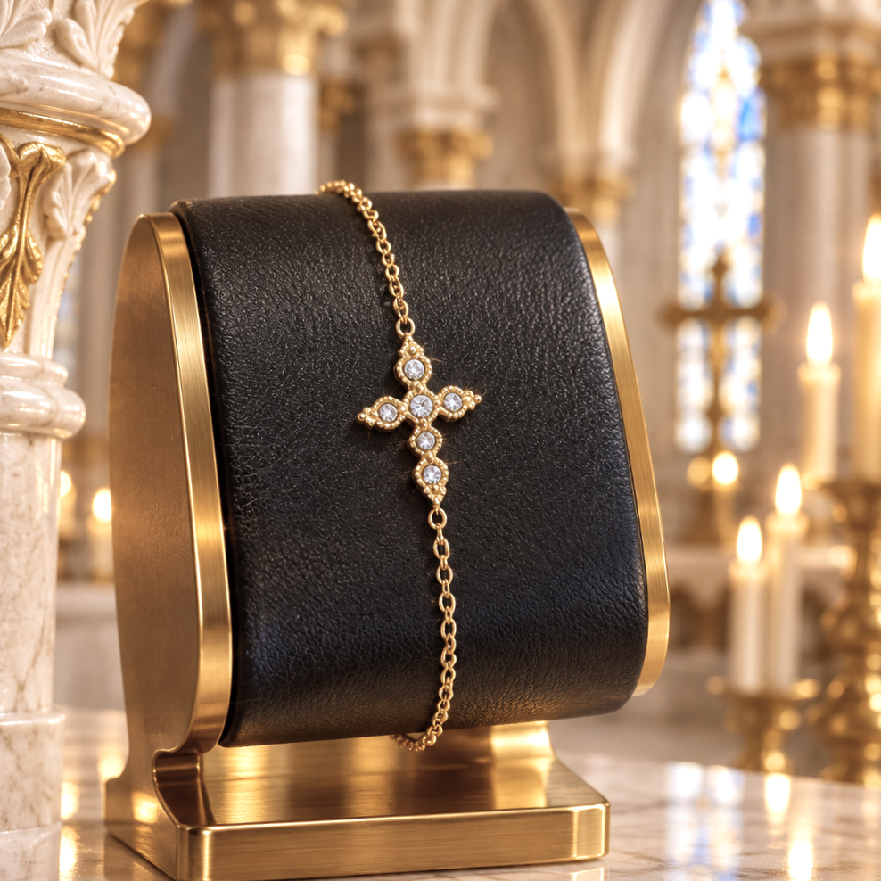 Bracelet Croix Précieuse – Acier Doré et Cristaux Blancs
