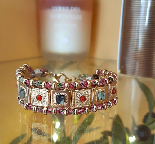 Superbe bracelet florentin en inox doré, pierres & cordage - NEW