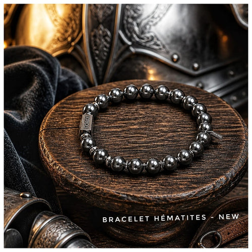 Bracelet masculin en hématites polies 100% naturelles & acier inoxydable gravé - NEW