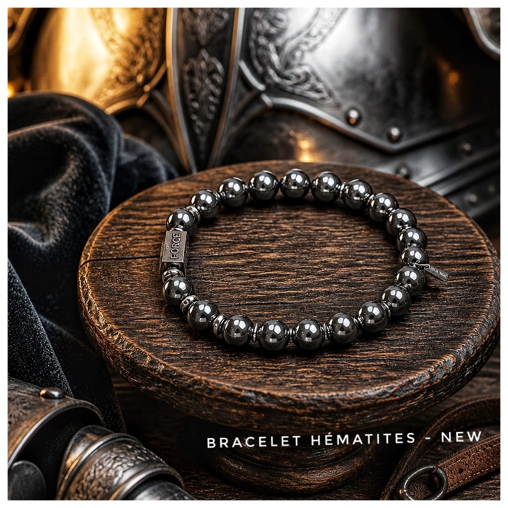 Bracelet masculin en hématites polies 100% naturelles & acier inoxydable gravé - NEW