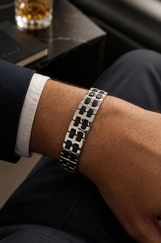 Bracelet italien masculin - Acier & Noir Sport Chic