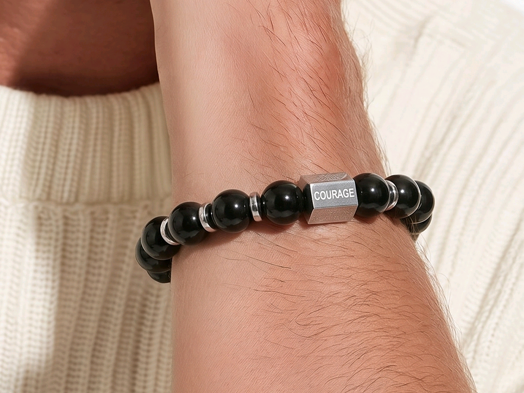 Bracelet masculin en onyx noirs 100% naturels & acier inoxydable gravé - NEW