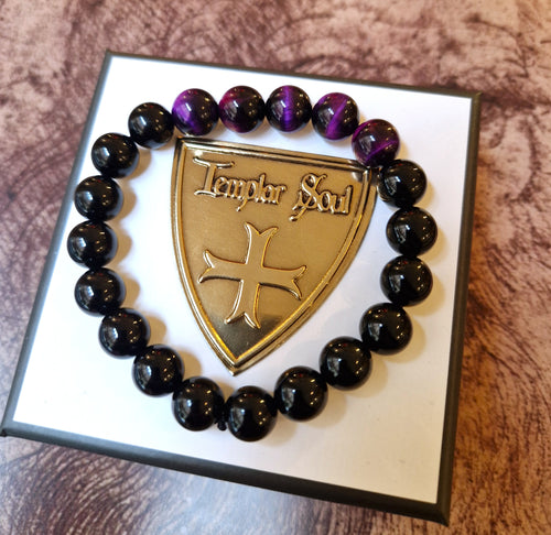 NEW - Bracelet raffiné de pierres œil de tigre violet & onyx noir 100% naturelles - Gamme luxe