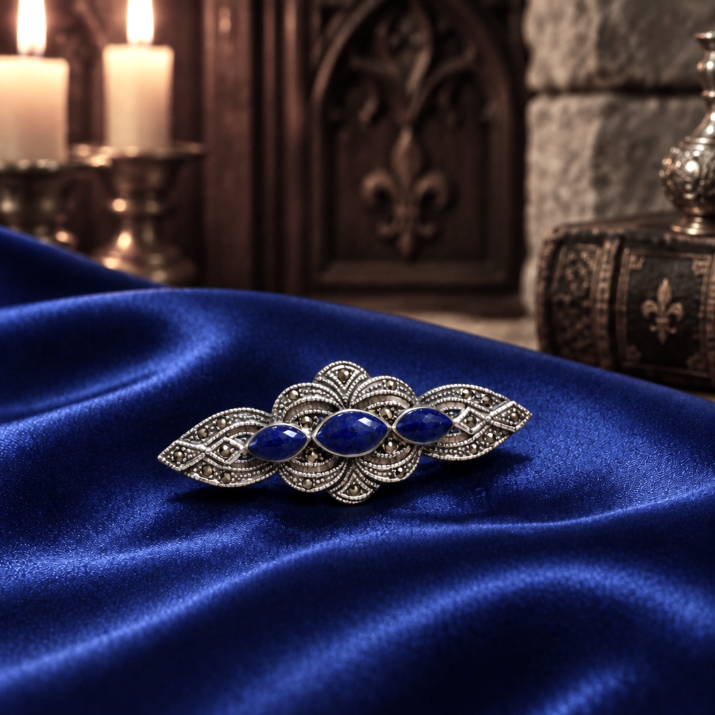Broche Art Déco – Argent 925, Lapis-Lazuli et Marcassites