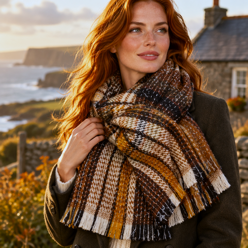 Grande Écharpe Miss Terre à Carreaux d'Automne et Reflets Irisés - Made in Italy