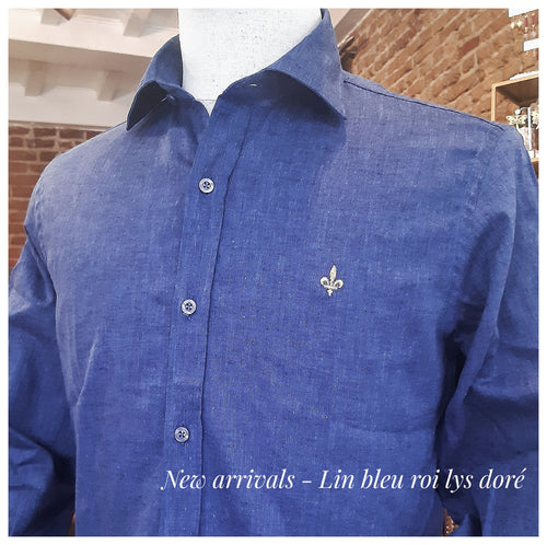 Chemise Bleu Roi  100% lin naturel, broderie Fleur de Lys dorée  - NEW