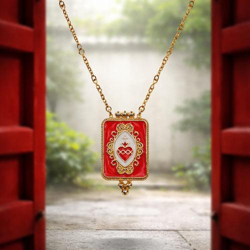 Collection Sacré Cœur / Cœur de Jésus - Collier inox doré et émail rouge - NEW