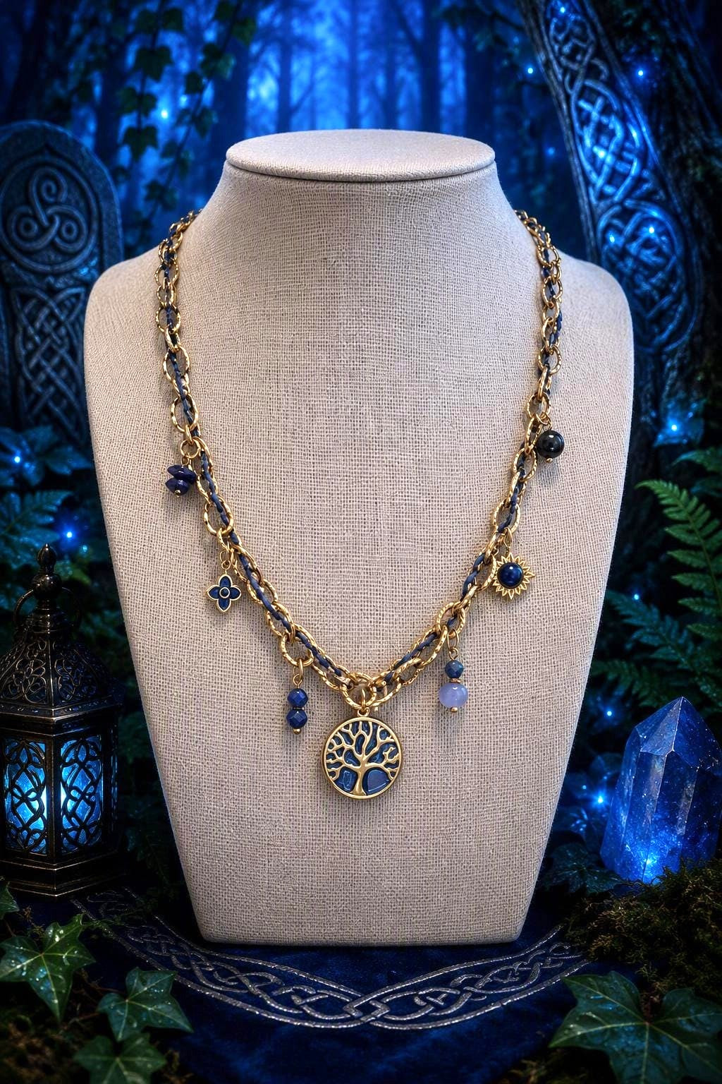 Collier arbre de vie - émail bleu & acier inoxydable doré - NEW