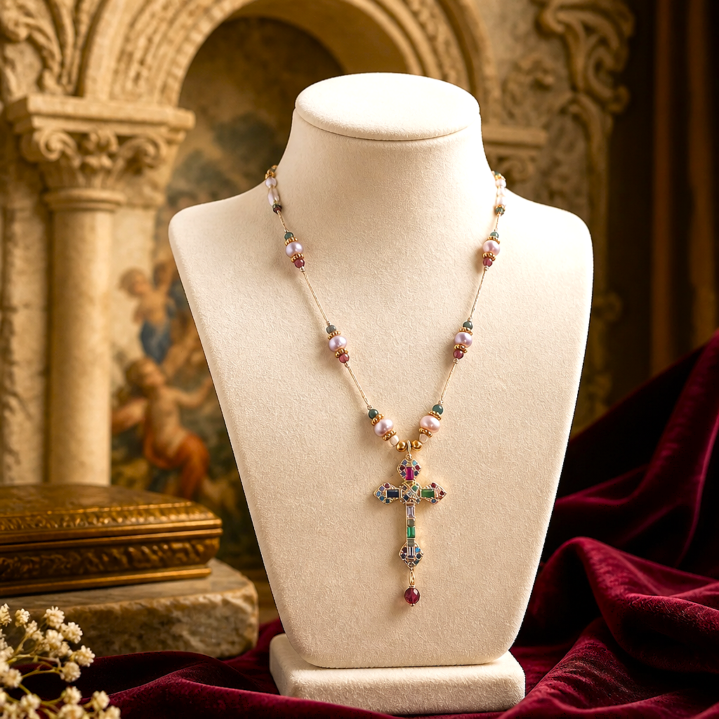 Collier Florentin -  Croix Baroque, Perles naturelles & Cristaux
