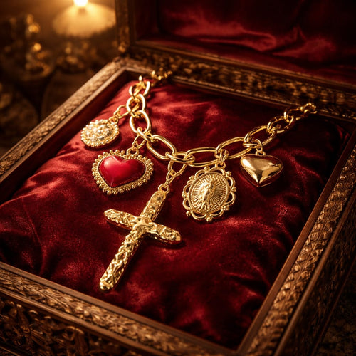Joli collier en inox doré avec breloques croix, coeur rouge & médaillons - NEW