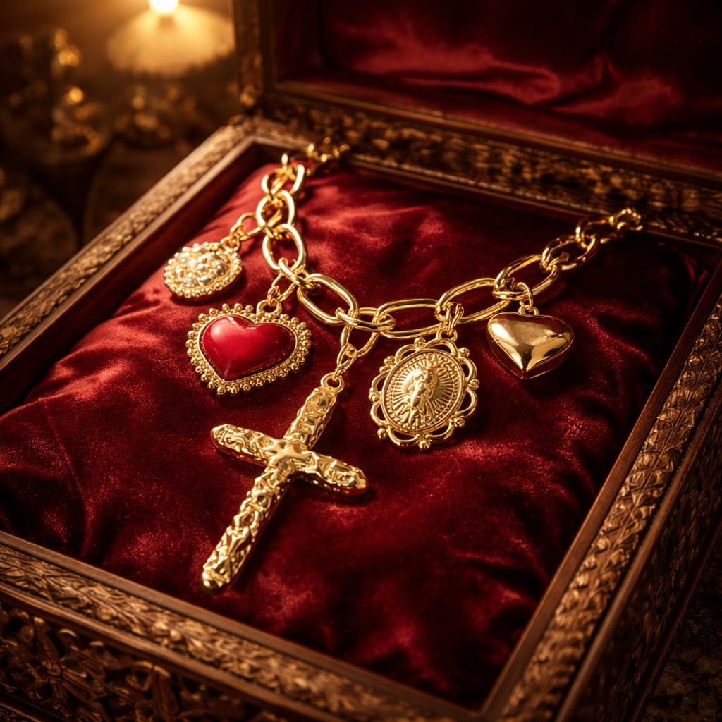 Joli collier en inox doré avec breloques croix, coeur rouge & médaillons - NEW