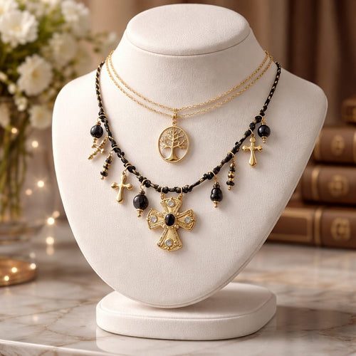 Joli collier de cordage noir avec breloques croix & médaillons -  coup de coeur perso - NEW