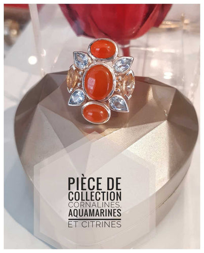Splendide bague de collection en argent, Cornalines, aquamarines & citrines