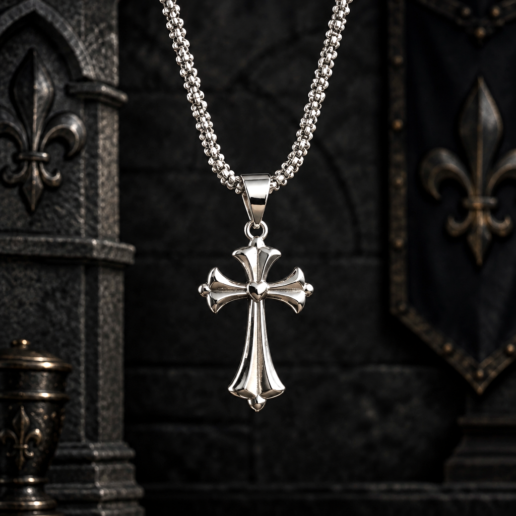 Croix Fleur de Lys et Cœur – Acier Inoxydable avec chaîne Assortie