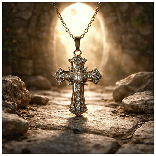 Croix baroque en inox doré & cristaux blancs - NEW