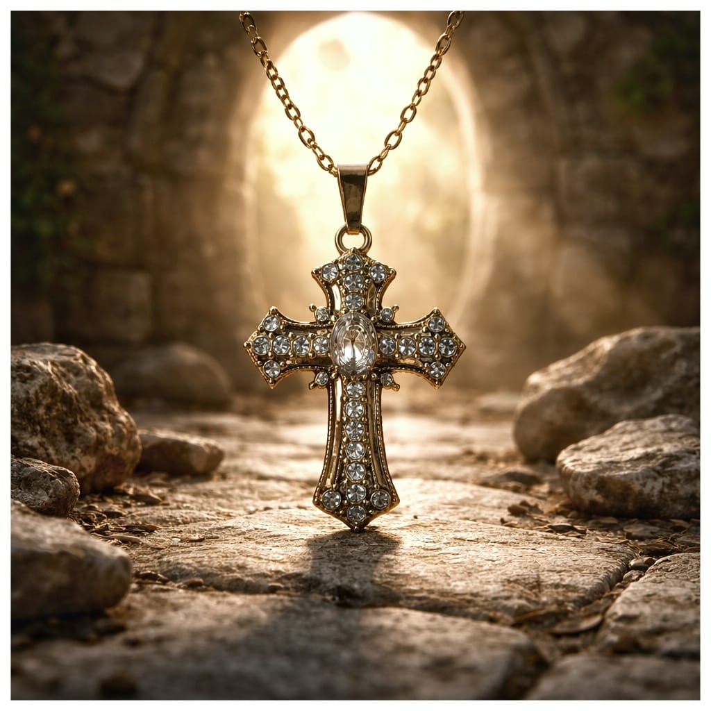 Croix baroque en inox doré & cristaux blancs - NEW