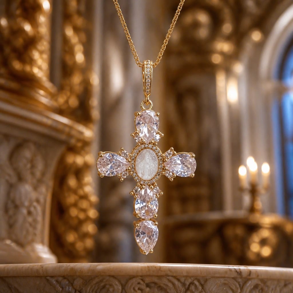 Croix Baroque Notre Dame nacre & zircons - Coup de Coeur - NEW